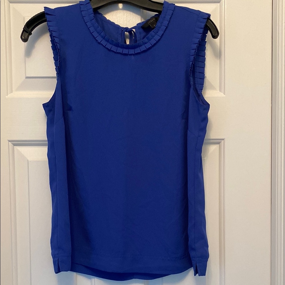 J.Crew Royal Blue Ruffle Neck Top Sleeveless Keyhole Back Size 2